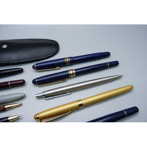 888 - A collection of fountain pens and ballpoint pens, (no gold nibs)