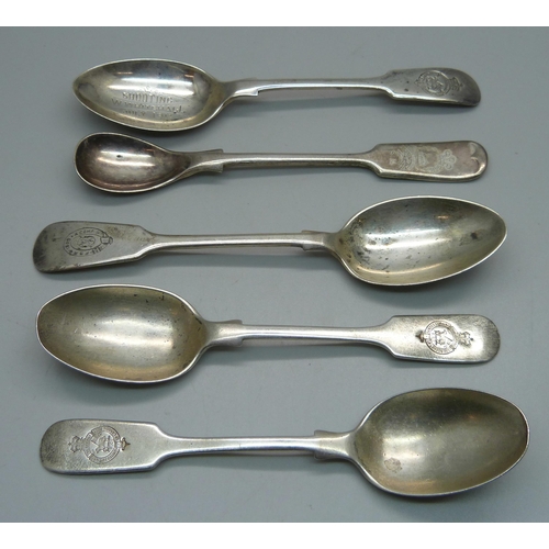 891 - Four silver spoons including three with The Queens 24th Battalion County of London Regiment emblem, ... 