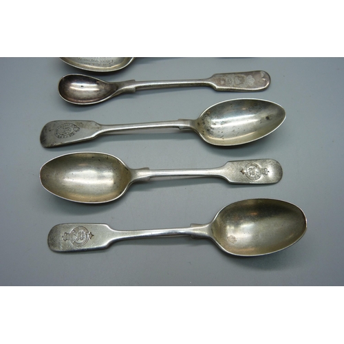 891 - Four silver spoons including three with The Queens 24th Battalion County of London Regiment emblem, ... 