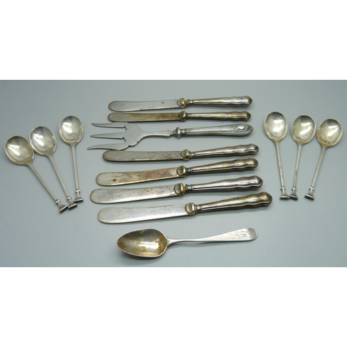 903 - A set of six siler spoons, a set of six silver handled knives, a silver spoon with monogram and a si... 