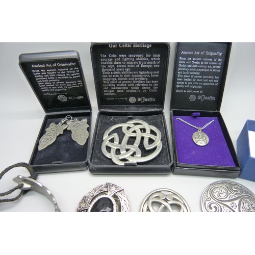 906 - A collection of pewter jewellery including St. Justin, some boxed