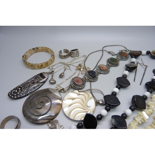 A collection of silver and silver mounted jewellery, agate and mother ...