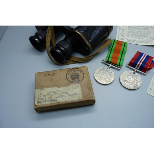 913 - A pair of military issue binoculars, Taylor-Hobson, 1943, and a pair of WWII medals in original post... 