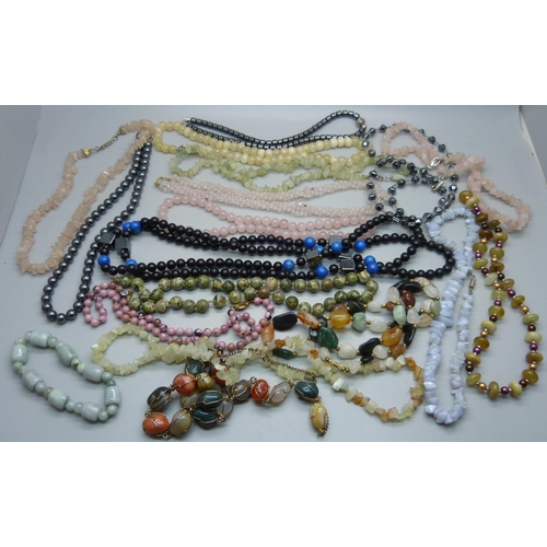 925 - Gemstone necklaces including pink quartz, haematite, agate, etc.