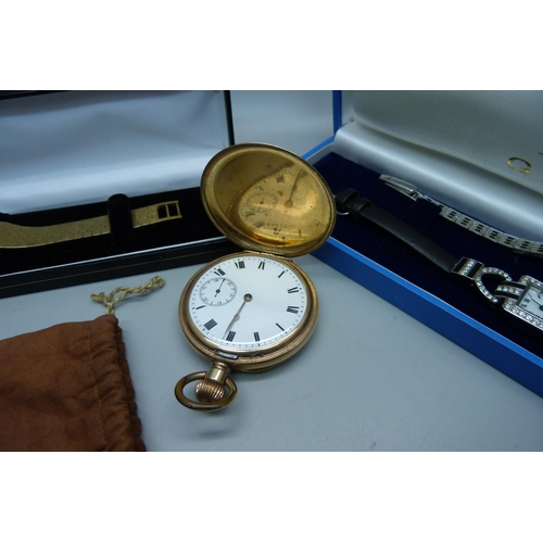 929 - A gold plated Waltham Traveler full-hunter pocket watch and three lady's wristwatches