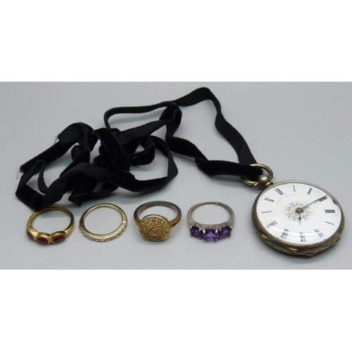 942 - A silver fob watch, dial a/f, three silver rings including one set with diamonds and a costume ring