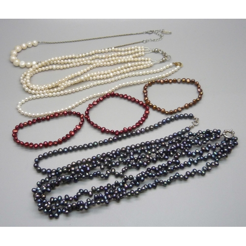 943 - Baroque and freshwater pearl necklets and bracelets, (5+3)