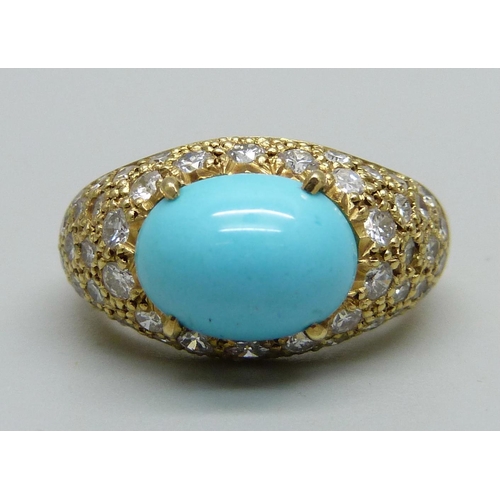 955 - An 18ct gold, turquoise and diamond ring, 8.7g, N