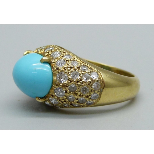 955 - An 18ct gold, turquoise and diamond ring, 8.7g, N