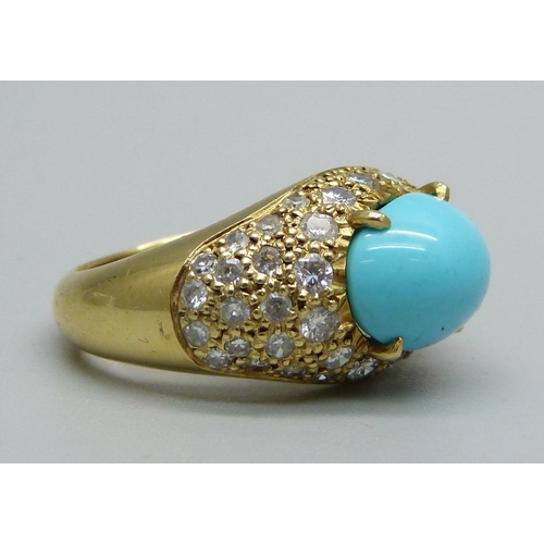 955 - An 18ct gold, turquoise and diamond ring, 8.7g, N