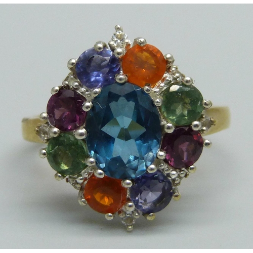 966 - A silver gilt, multi gem cluster ring including topaz, apatite, iolite, garnet and fire opal, S