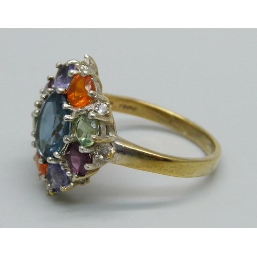 966 - A silver gilt, multi gem cluster ring including topaz, apatite, iolite, garnet and fire opal, S