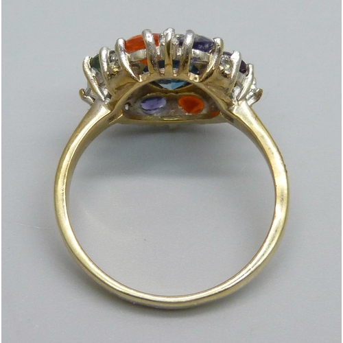 966 - A silver gilt, multi gem cluster ring including topaz, apatite, iolite, garnet and fire opal, S