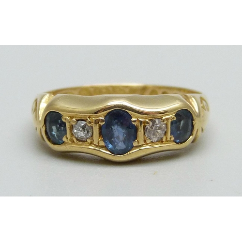 969 - An 18ct gold, sapphire and diamond Art Deco ring, Chester 1922, 3g, N, boxed