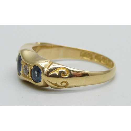 969 - An 18ct gold, sapphire and diamond Art Deco ring, Chester 1922, 3g, N, boxed