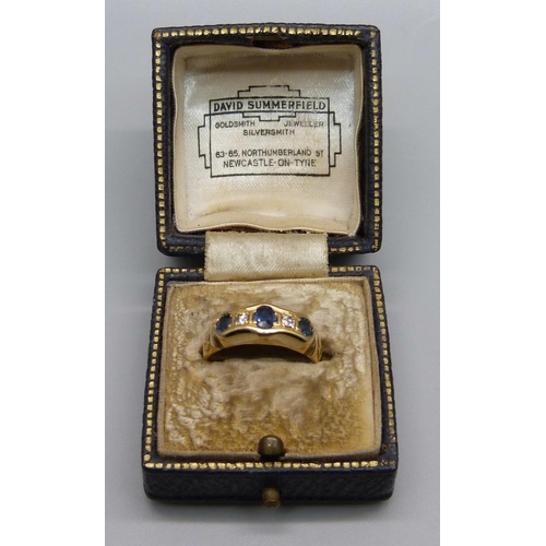 An 18ct gold, sapphire and diamond Art Deco ring, Chester 1922, 3g, N ...