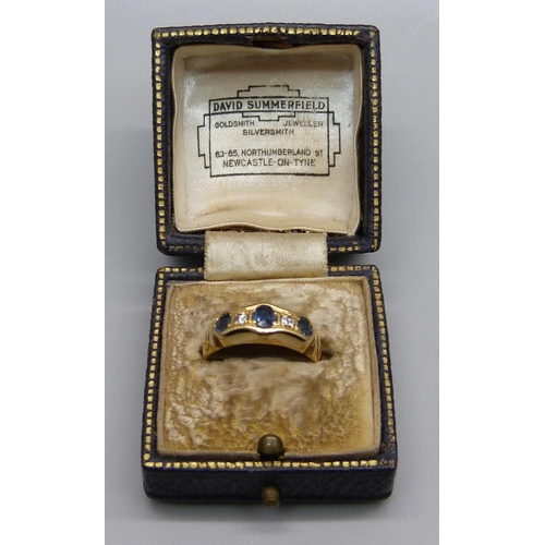 969 - An 18ct gold, sapphire and diamond Art Deco ring, Chester 1922, 3g, N, boxed