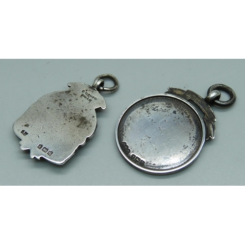 971 - A silver football fob medal, Birmingham 1919, and one other silver fob, 15g