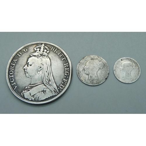 974 - A Victorian crown, 1889, a 6d and a 3d coin