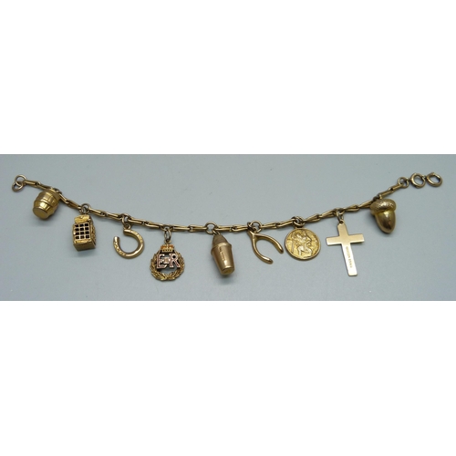 976 - A 9ct gold charm bracelet, with nine fully hallmarked charms, 17.1g