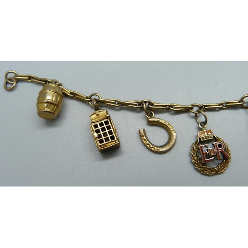 976 - A 9ct gold charm bracelet, with nine fully hallmarked charms, 17.1g