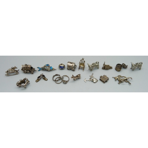 984 - Seventeen silver and white metal charms including enamelled and one by Chim, 47g