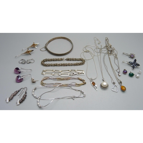 994 - Five silver necklaces, four silver bracelets, one silver bangle and five pairs of earrings and other... 