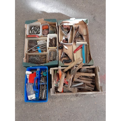 2239 - 3 boxes of assorted hand tools including woodworking tools set squares sprit levels etc