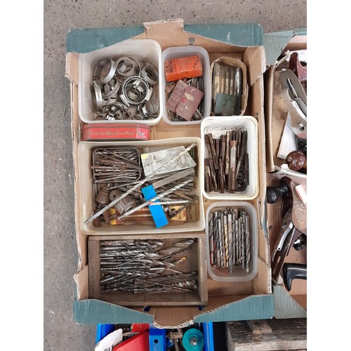 2239 - 3 boxes of assorted hand tools including woodworking tools set squares sprit levels etc