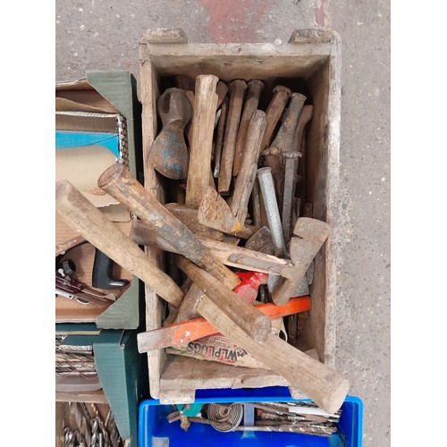 2239 - 3 boxes of assorted hand tools including woodworking tools set squares sprit levels etc