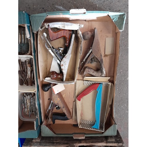 2239 - 3 boxes of assorted hand tools including woodworking tools set squares sprit levels etc