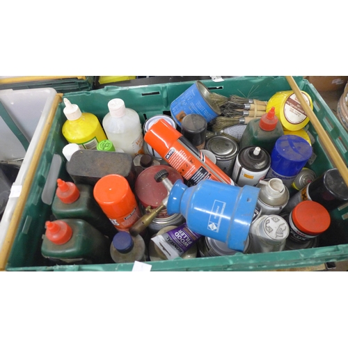 2373 - A box of woodworking/workshop chemicals; rust remover, paint remover, wood stain, etc.