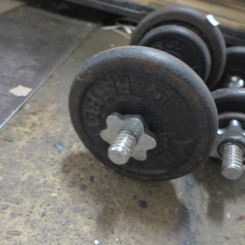 2380 - A set of cast iron bar bell weights including two 5kg plates, four 2.5kg plates and two 0.5kg plates