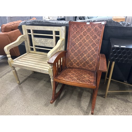 1599 - A gold painted bench and a stained wood rocking chair