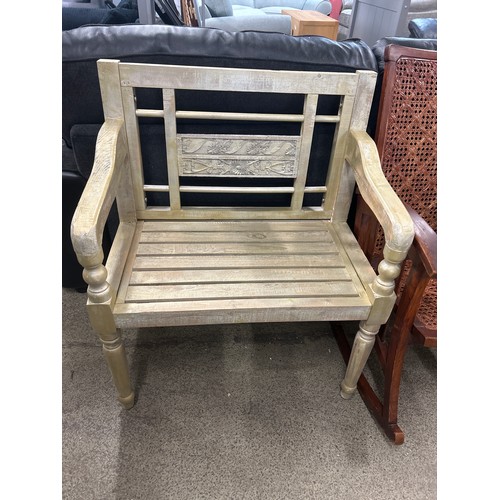 1599 - A gold painted bench and a stained wood rocking chair