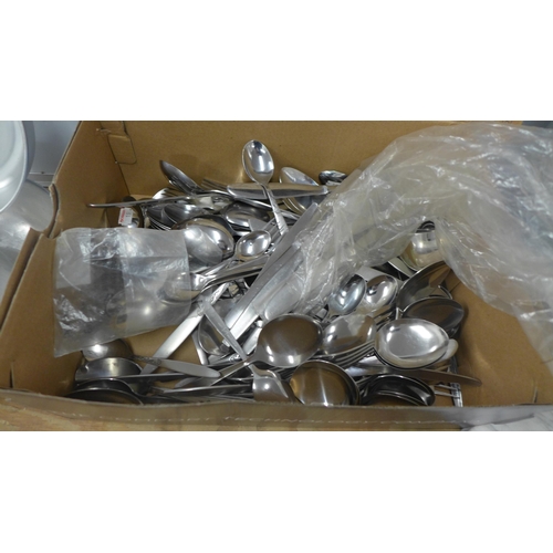 2410 - A large quantity of catering equipment including stainless steel storage tin, stainless kettle, a la... 