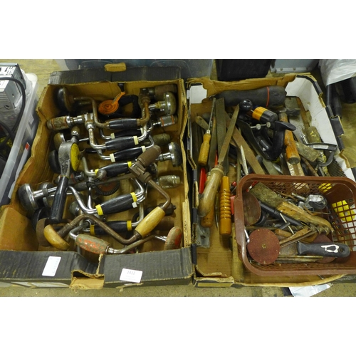 2412 - A large quantity of hand drills and other hand tools including hammers, files, screwdrivers, Stanley... 