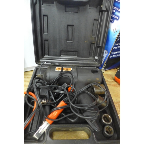 2413 - A container of car accessories; bluetooth radio - W, tow bar, tow rope, yellow flashing beacon, thre... 