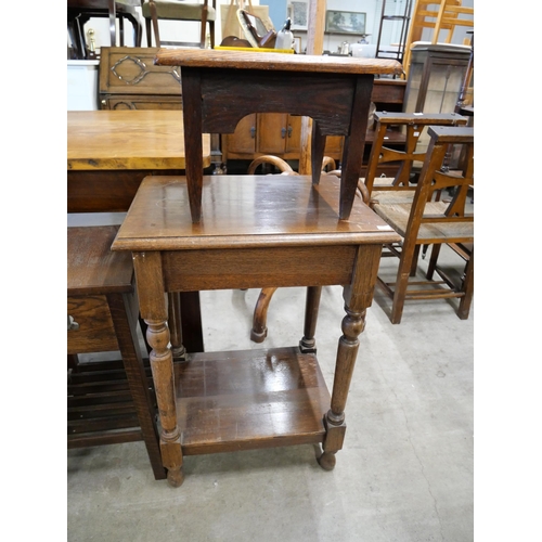 154 - An oak jardiniere stand, an occasional table, sewing box, etc.