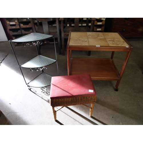 205 - A teak and tiled top trolley, a sewing box and a glass and steel corner plant stand