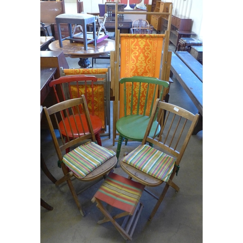 222 - Two Victorian painted penny seat kitchen chair, two folding deck chairs, etc.