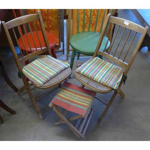 222 - Two Victorian painted penny seat kitchen chair, two folding deck chairs, etc.