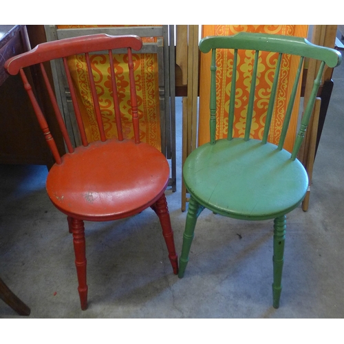 222 - Two Victorian painted penny seat kitchen chair, two folding deck chairs, etc.