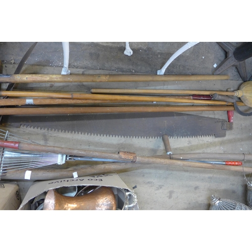 247 - Assorted vintage garden tools and a spear