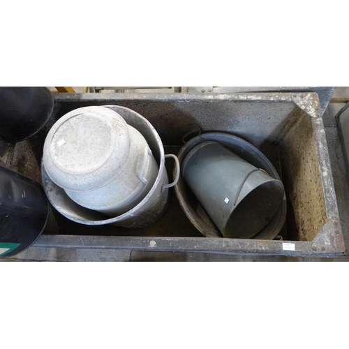 250 - Two galvanised water tanks, a bin, milk churn, two buckets and two paraffin fuel cans