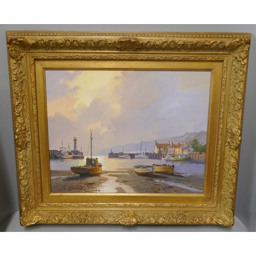 268 - Don Micklethwaite, fishing boats in a harbour, oil on canvas, framed