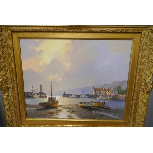 268 - Don Micklethwaite, fishing boats in a harbour, oil on canvas, framed