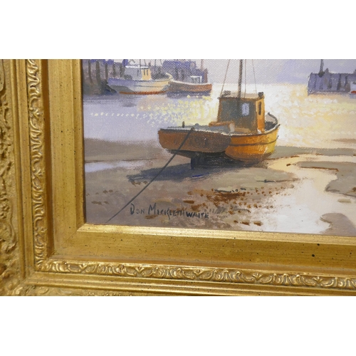 268 - Don Micklethwaite, fishing boats in a harbour, oil on canvas, framed