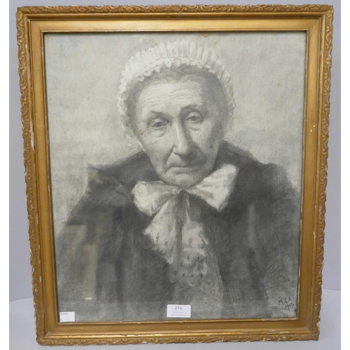 271 - English School, pencil study of an elderly lady, dated 1912, framed