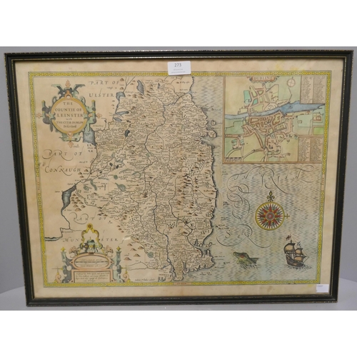 273 - A 17th Century John Speed engraved coloured map, The Countie Of Leinster with The Citie Dublin Descr... 